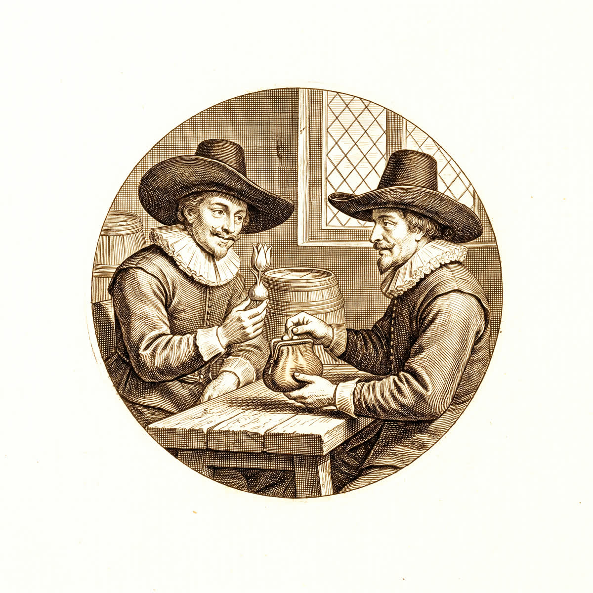 Engraved medallion of two gentlemen at a table, one passing a tulip bulb to the other in exchange for a purse.