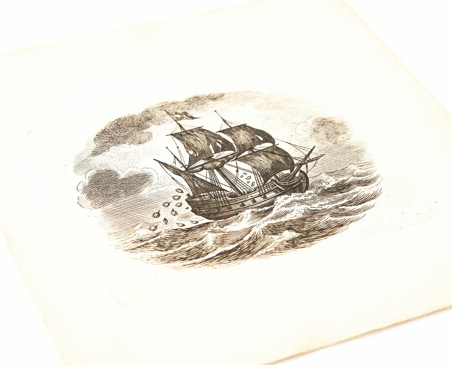 Engraving of a merchant ship pitched hard in a storm, its cargo of bulbs spilling into the waves.
